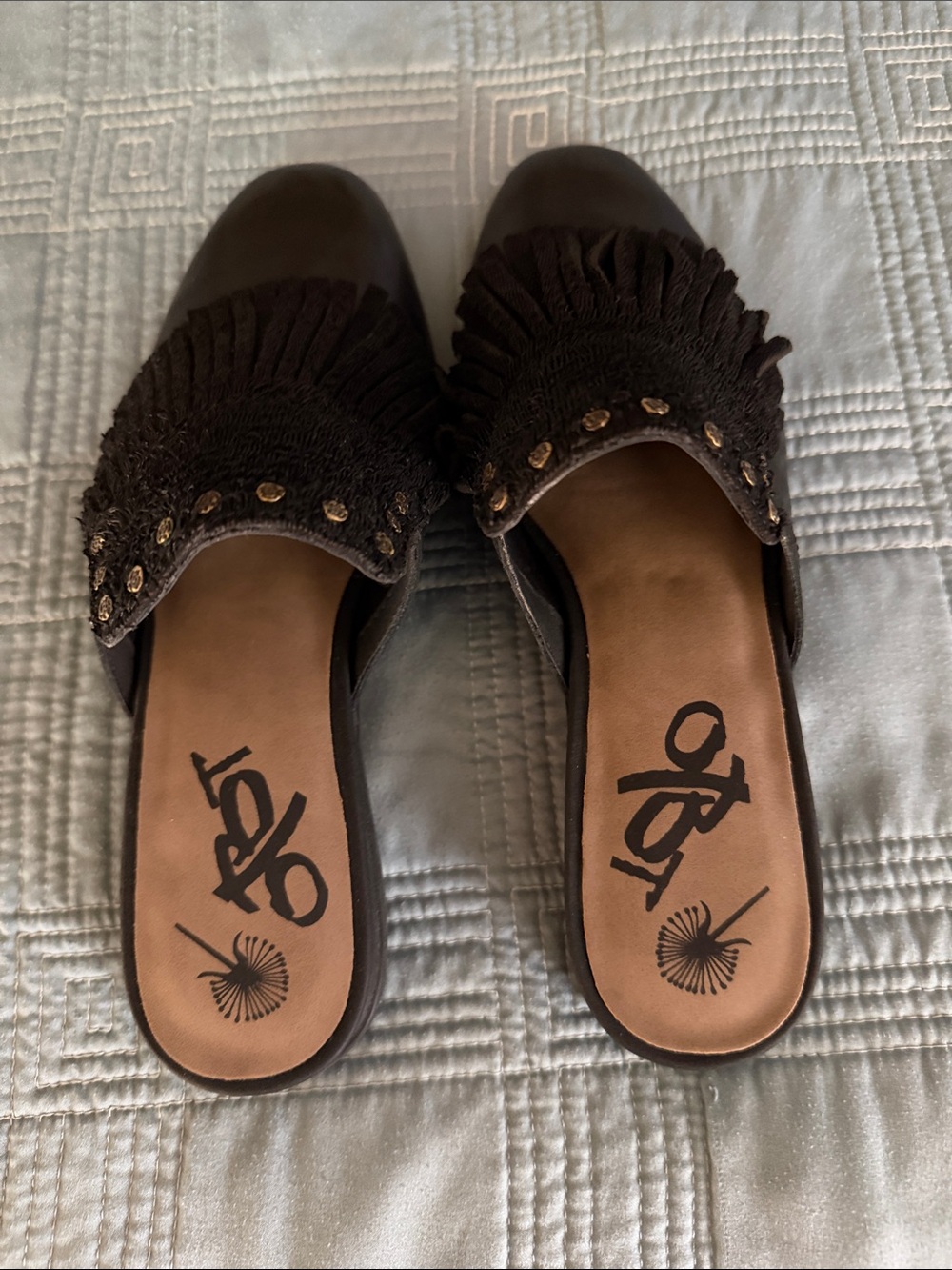 OTBT Black Fringe Studded Slip-On Mules